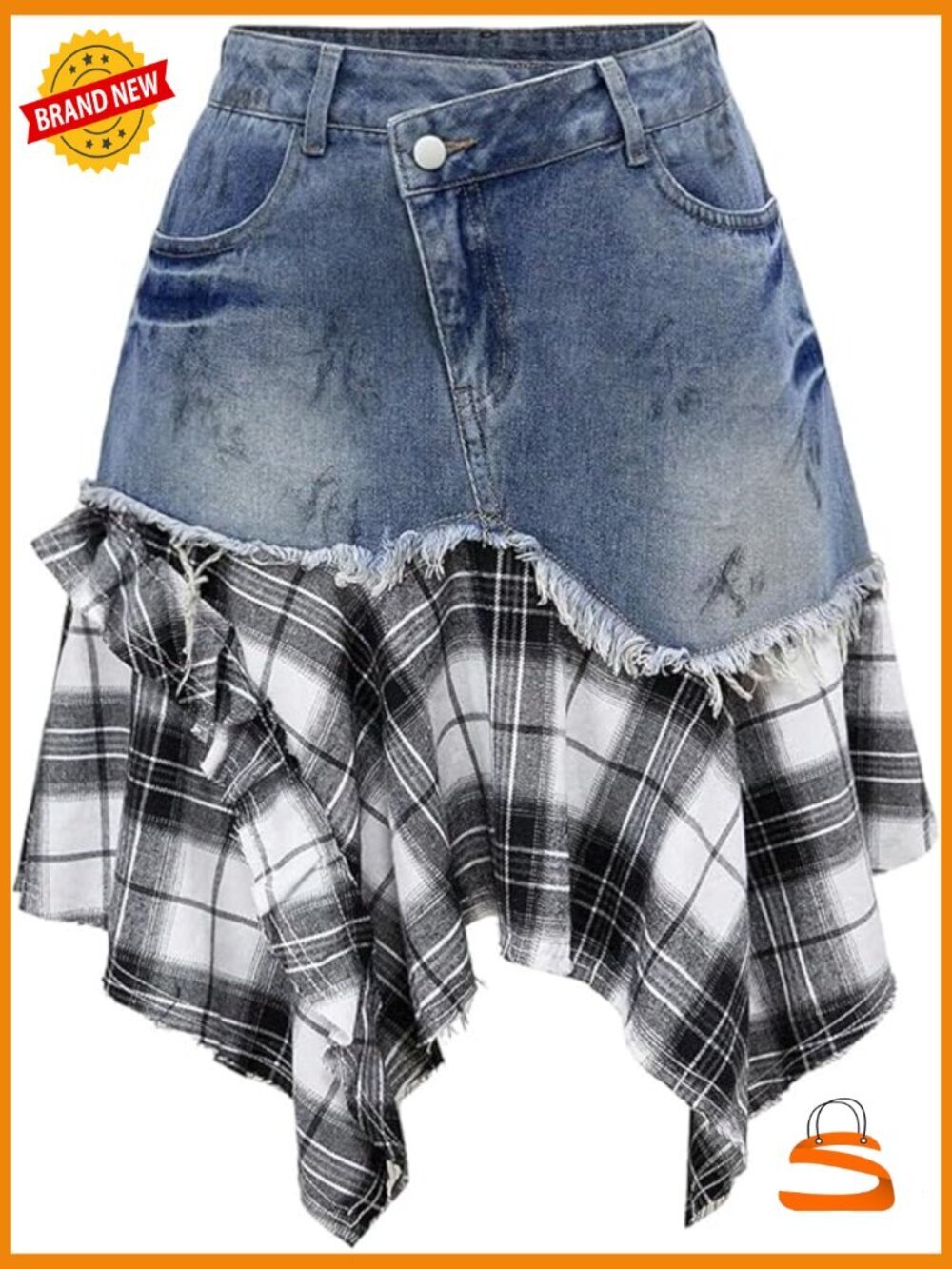 Plus Size Y2k Plaid Denim Skirt Grunge Punk A Line Flowy Mini Skirt